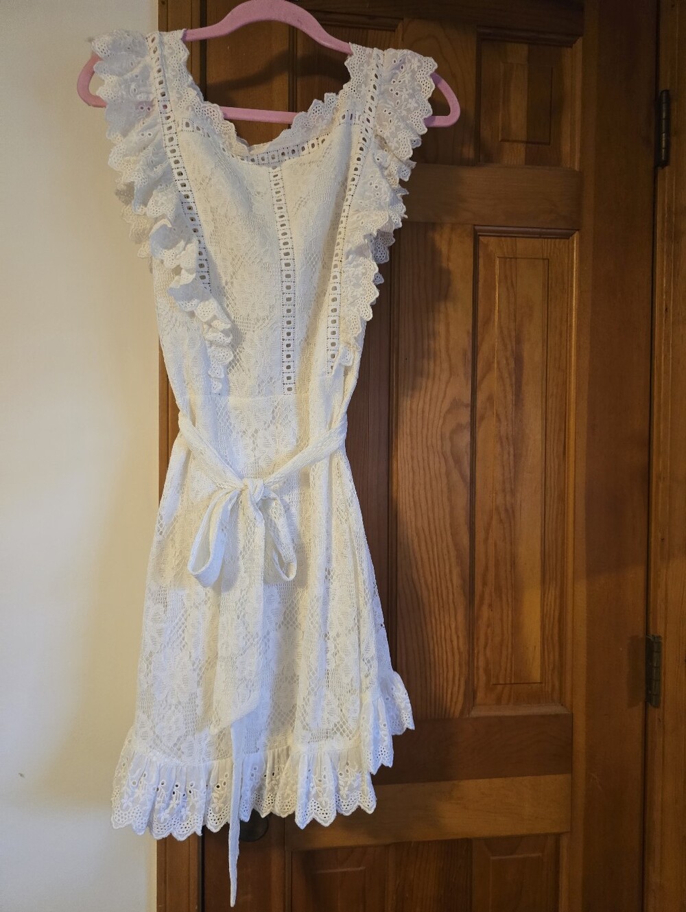 Selfie Leslie White Lace Ruffle Womens' Dress with Tie Waist
